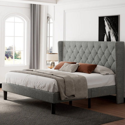 iPormis Full Size Bed Frame with Diamond Button Tufted Wingback Headboard, Upholstered Platform Bed Frame with Strong Wood Slat Support, No Box Spring Needed,Black