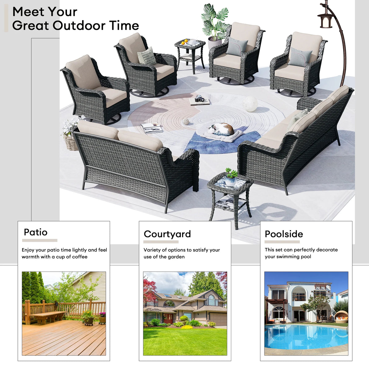 Ovios 8-Piece Wicker Outdoor Sectional Patio Set with Swivel Chairs and Loveseat, Gray