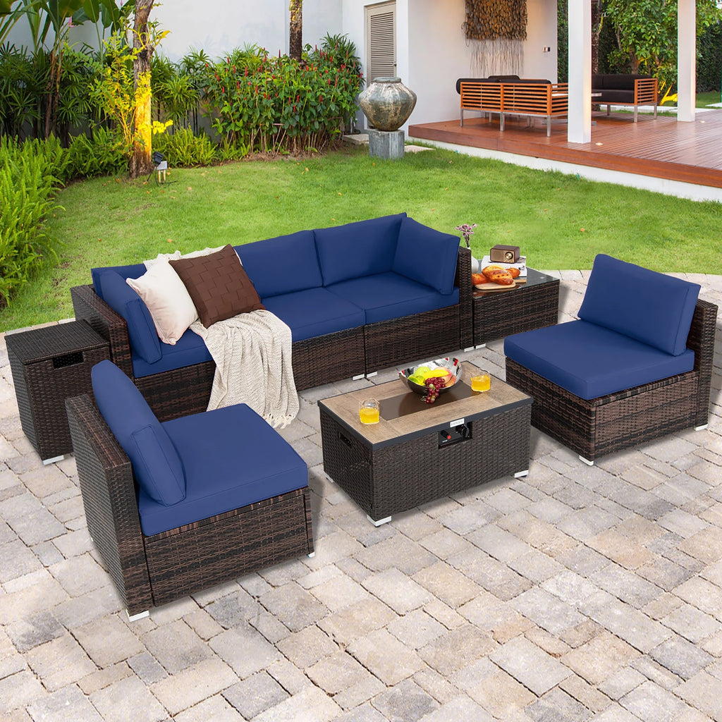 Costway 8PCS Patio Rattan Furniture Set Fire Pit Table Tank Holder Cover Deck Black