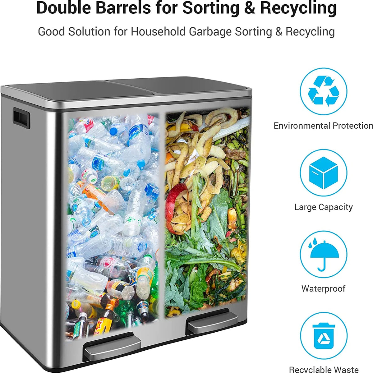Arlopu 60 L/16 gal Dual Trash Can, Stainless Steel Garbage Can for Kitchen, Recycle Bin with Lid