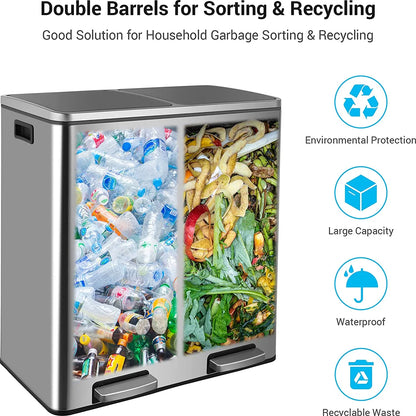 Arlopu 60 L/16 gal Dual Trash Can, Stainless Steel Garbage Can for Kitchen, Recycle Bin with Lid