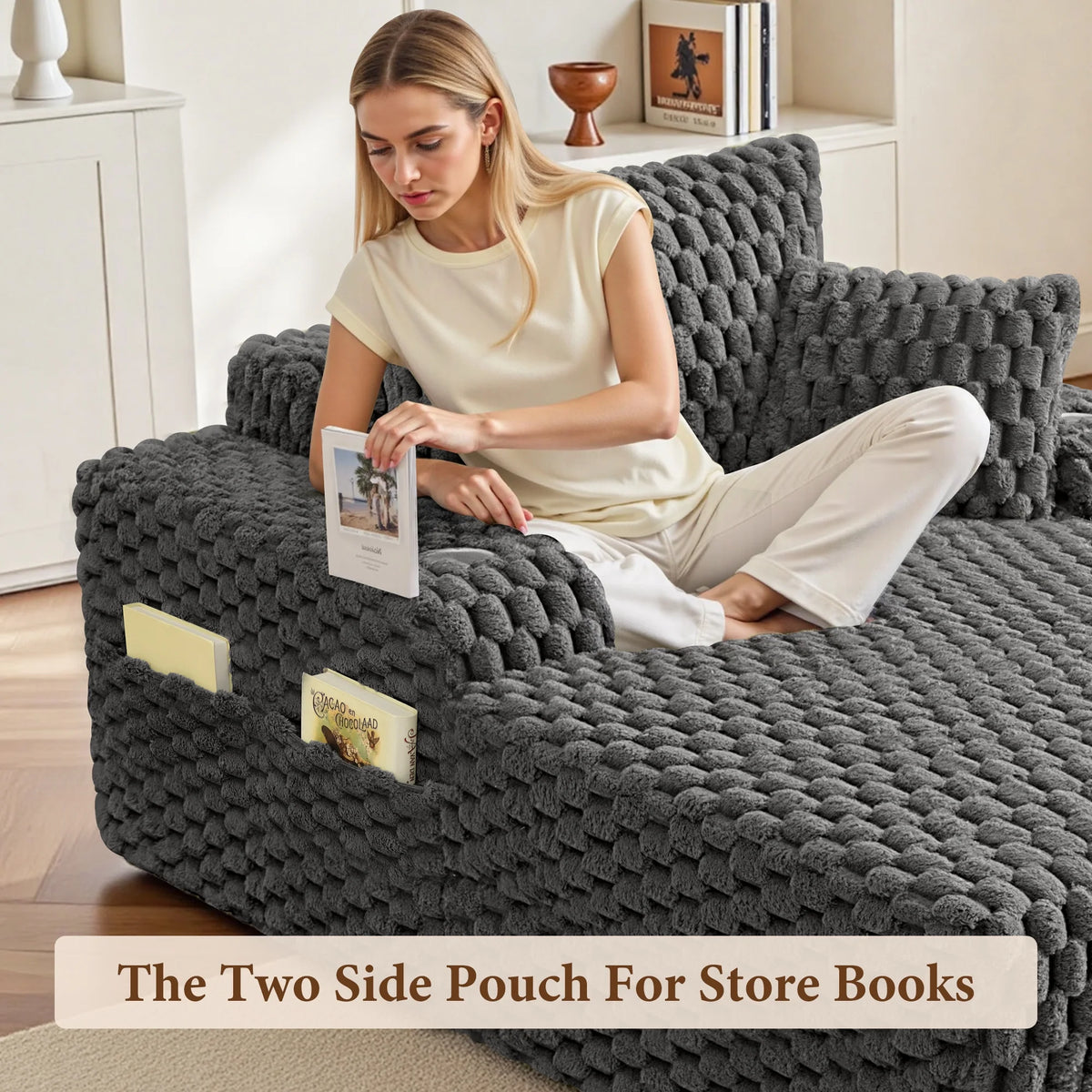 ATHOPE 53"W Oversized Chaise Lounge Chair Indoor, Corduroy Couch Chair with Pillows, Comfy Reading Chairs with Wide Arms, Upholstered Sleeper Sofa for Living Room, No Assembly Required, Gray