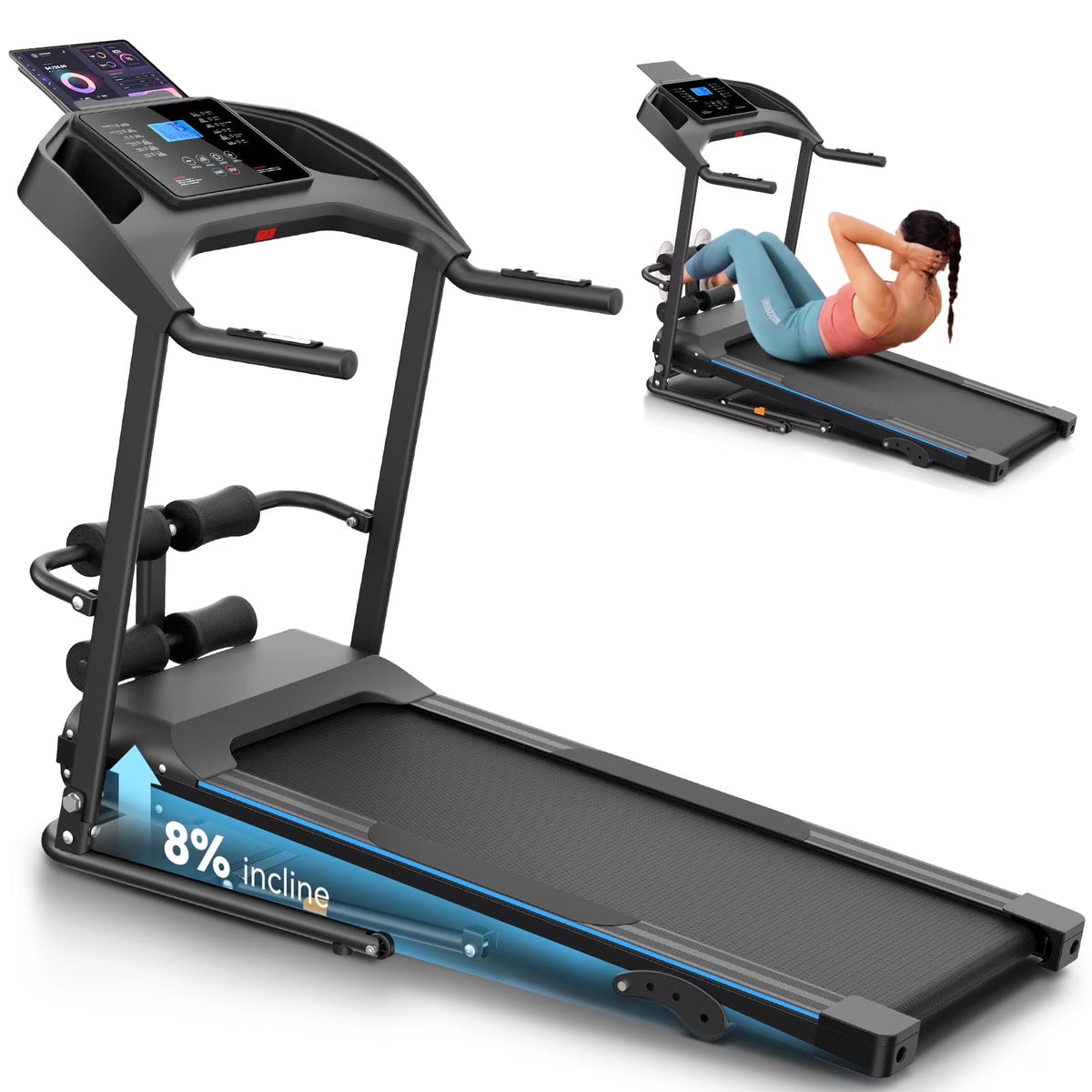 Treadmill with 8% Incline, 3.0 HP Foldable Compact Treadmill with Sit-up Function, 300 lbs Walking Running Treadmill with LCD Display for Exercise, 12 Programs