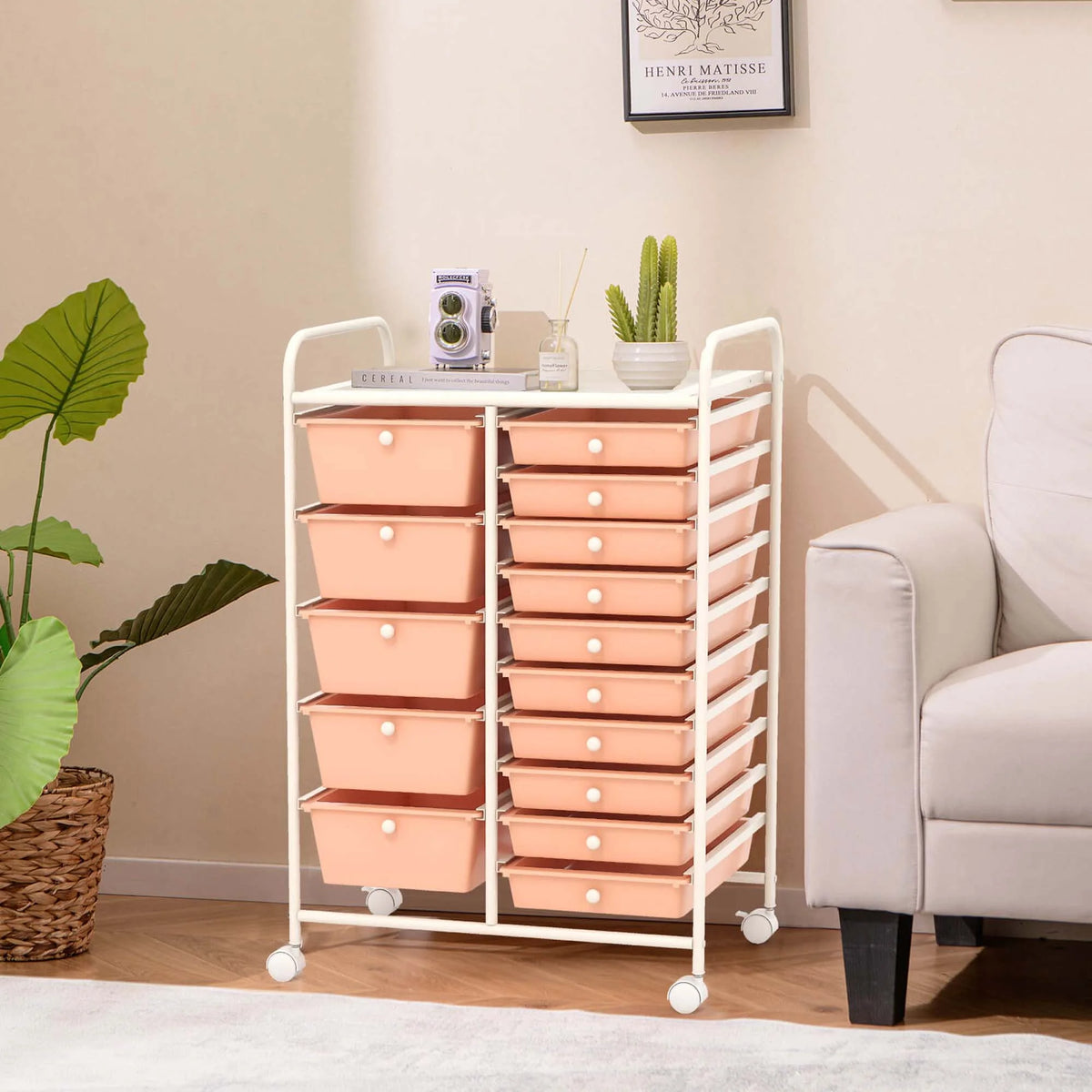 Costway 15 Drawer Rolling Storage Cart Tools Scrapbook Paper Office School Organizer White