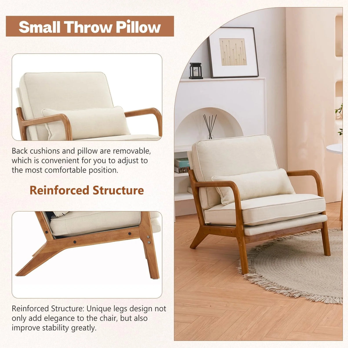 Accent Chairs, Single Linen Lounge Reading Armchair with Solid Wood Frame, Mid Century Modern Easy Assembly Arm Chairs for Living Room-Beige