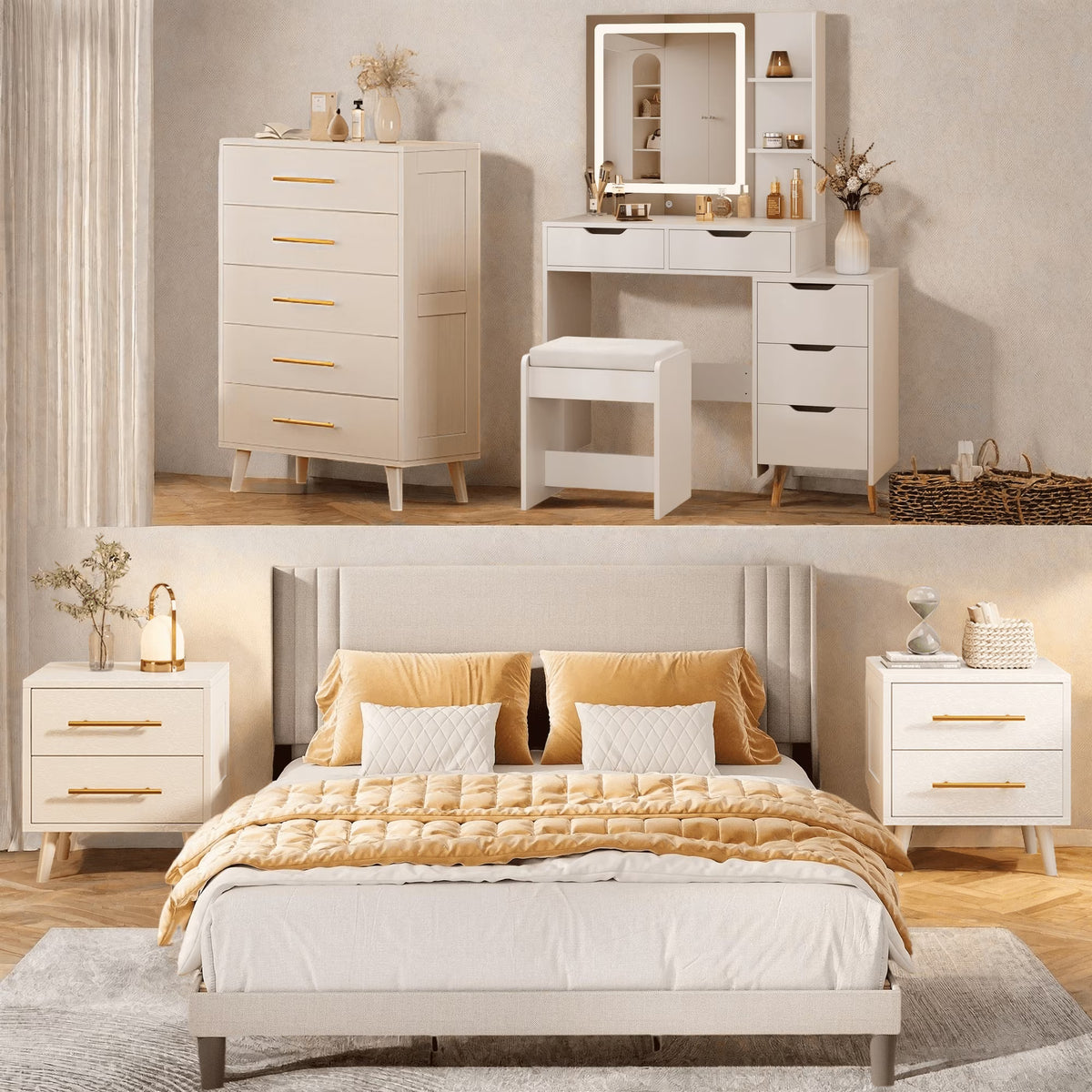 Bedroom Furniture Set - Includes Queen Bed Frame, Nightstands Set of 2, 5-Drawer Dresser & Vanity Desk - Modern Storage Solution for Stylish Home Decor, Beige/White