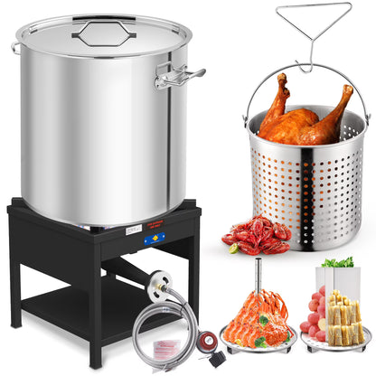 100QT Seafood Boiling Kit, 200,000BTU Propane Burner And Stainless Steel Crawfish Boil Pot w/Basket and Steamer Rack, For Outdoors Cooking and Steaming, Large Turkey Fryer Pot, Lobster Shrimp Pot