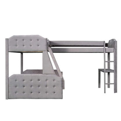 EUROCO Upholstery L-Shaped Twin over Full Bunk Bed and Twin Loft Bed with Desk for Kids Bedroom, Gray