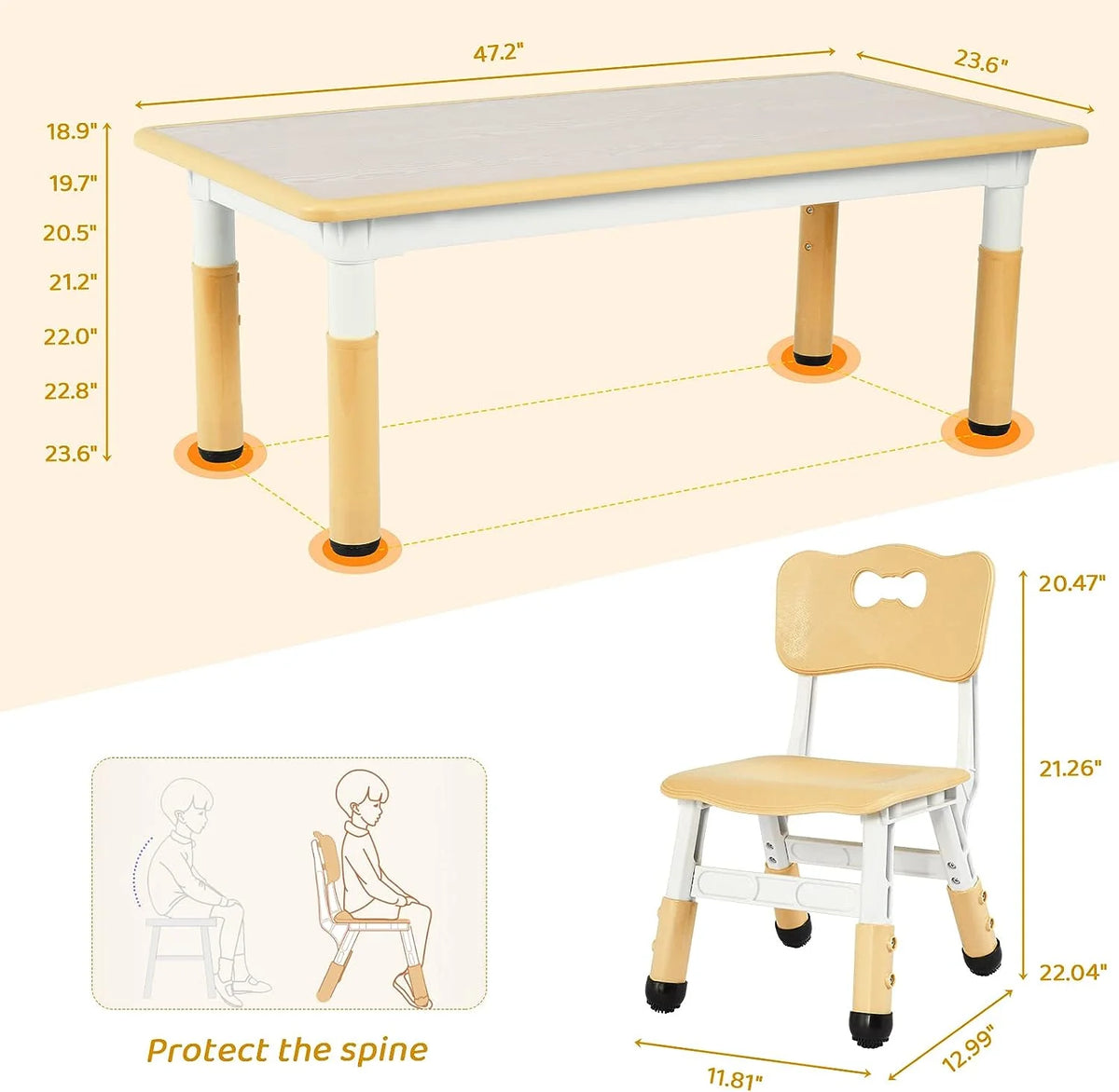 Arlopu Toddler Table and Chair Set Height Adjustable, Kids Activity Table for Reading, Drawing, Eating, Studying, Max 220lbs