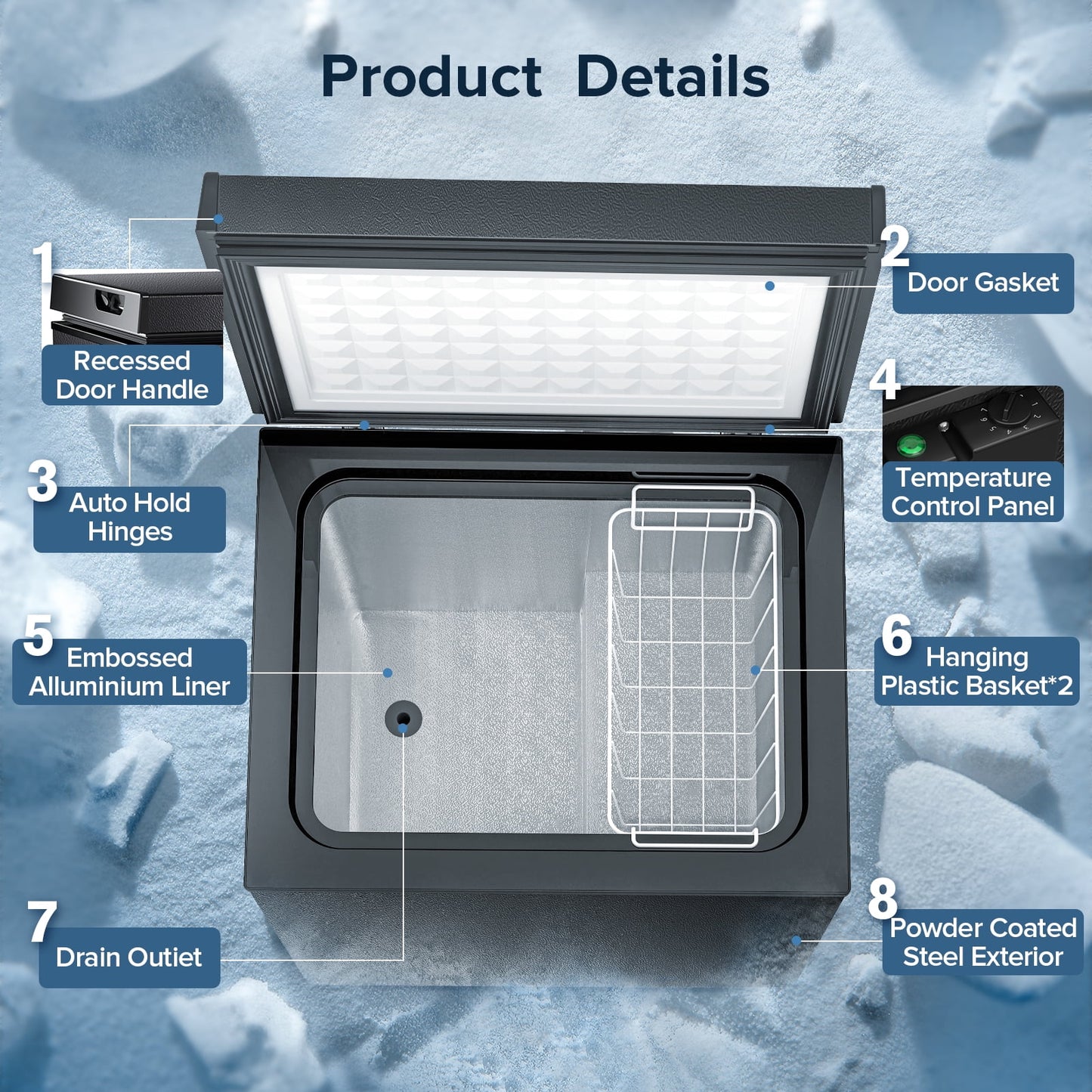 Auseo Mini Freezer Chest 3.5 cu ft,  Black Deep Freezer & Side Handle, Compact Freezer with 7 Gear Adjustable Temperature, Removable Storage Basket*2, Energy Saving