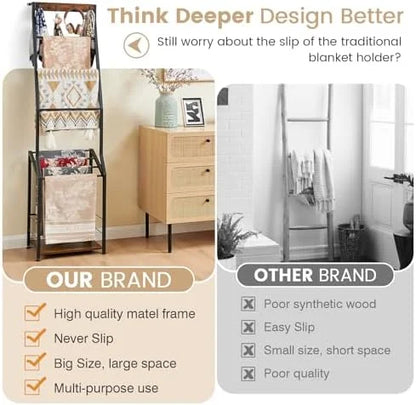 Blanket Ladder, 7 Tier Blanket Ladders for The Living Room,Wooden Ladder Shelf with Hooks, 5.5ft Blanket Holder Rack Farmhouse Ladder Rack for Storage and Home Decor, Rustic Brown and Black