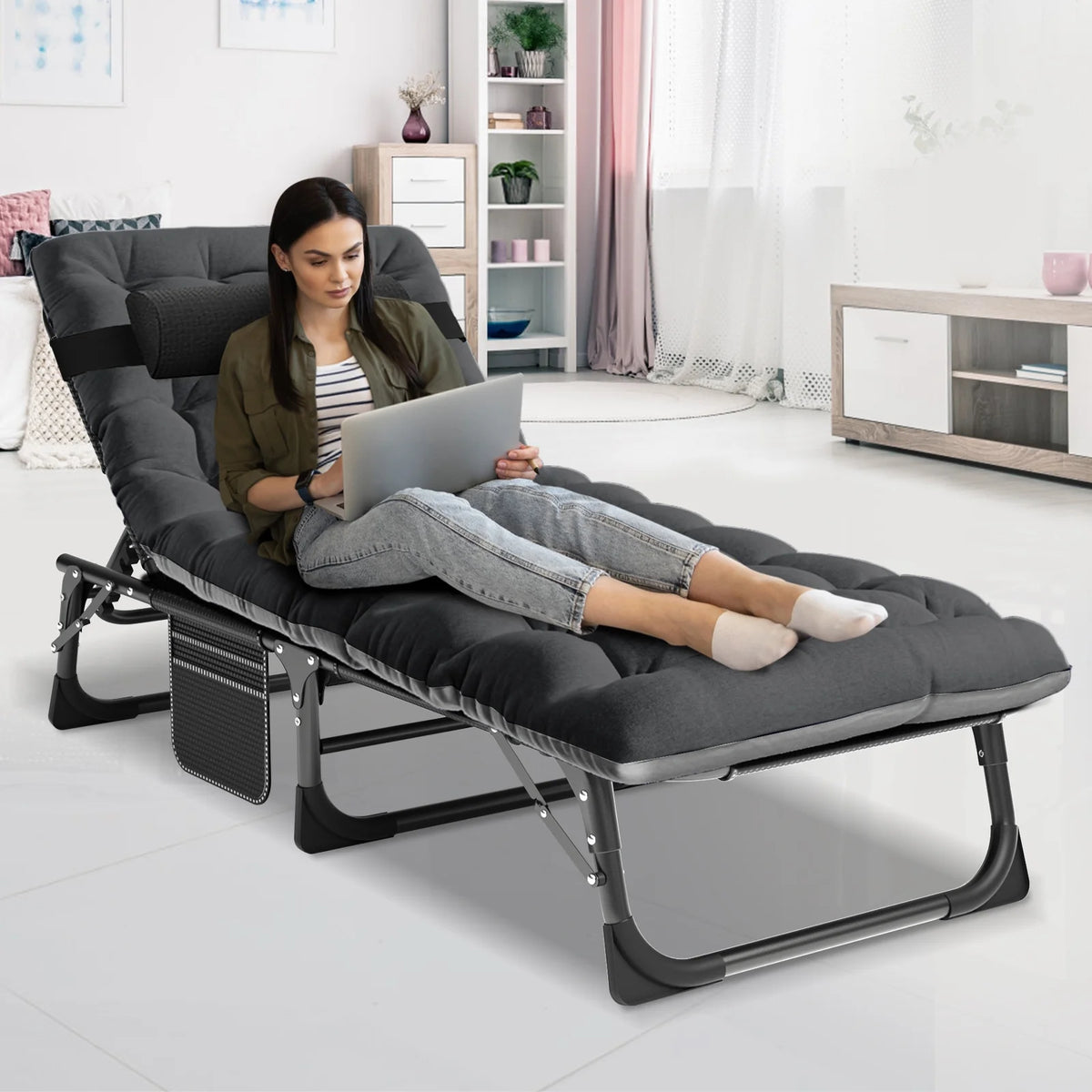 MOPHOTO Lounge Chair with Mattress, Outdoor Chaise Lounge Support 440 Lbs, Adjustable Portable Heavy Duty Sleeping Cots Bed for Camping, Pool, Beach, Patio