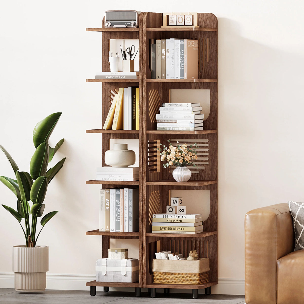 Fnova 71" 6-Tier Tall Corner Bookshelf, Rustic Wooden Narrow Corner Bookcase with Artistic Square Rack, Freestanding Display Storage Shelf for Space-Saving Home Organizing