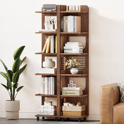 Fnova 71" 6-Tier Tall Corner Bookshelf, Rustic Wooden Narrow Corner Bookcase with Artistic Square Rack, Freestanding Display Storage Shelf for Space-Saving Home Organizing