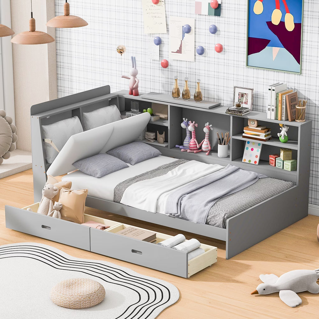 Euroco Wood Twin Size Platform Bed with Storage Headboard and Shelves, 2 Drawers Floor Bed for Kids, White