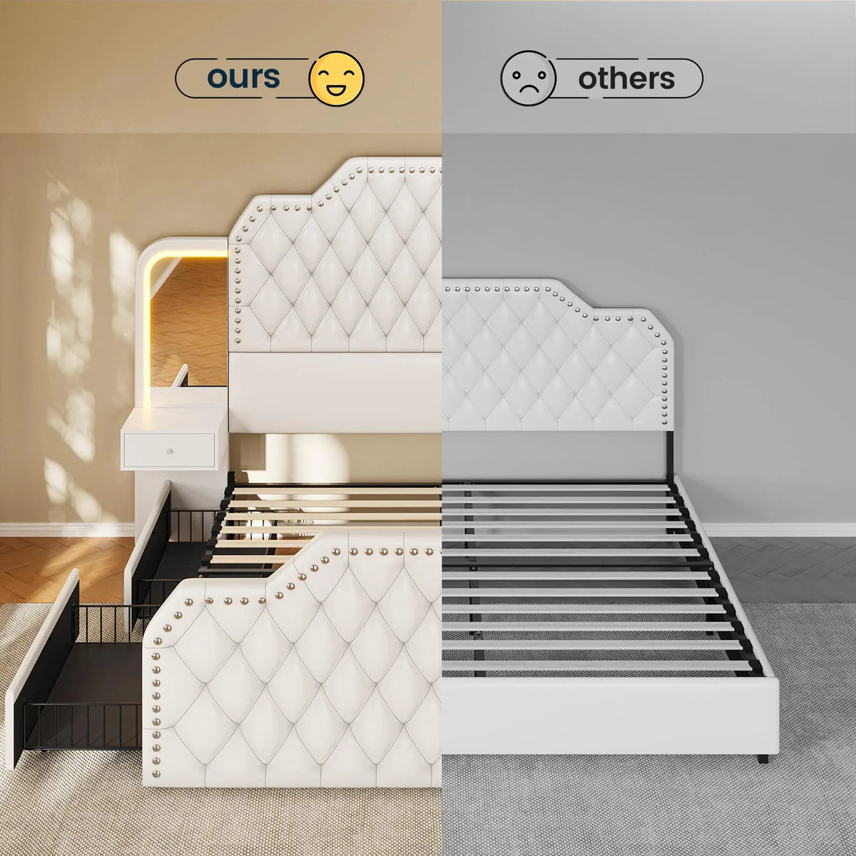 Queen Bed Frame with 2 Nighstands, Power Outlets and 4 Drawers, Upholstered Bed with Vanity Tables and Mirrors, Modern Velvet Tufted Platform Bed with Headboard & Footboard, Black