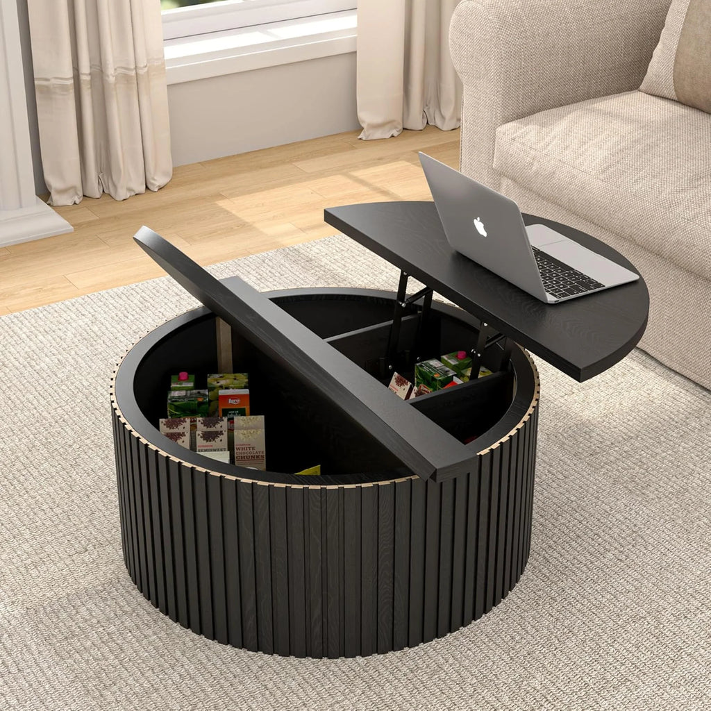 Oubayajia Round Coffee Table with Storage, Wood Lift Top Coffee Table, Waveform Panel, Natural