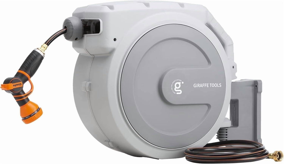 Giraffe Tools Retractable Garden Hose Reel with 1/2in-100ft Water Hose, Plastic Bracket, Wall Mounted, Dark Grey