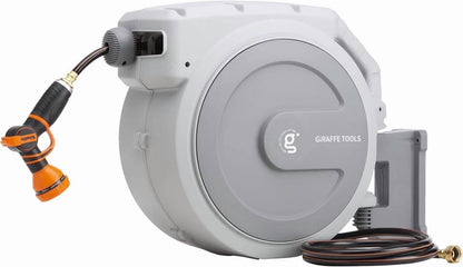 Giraffe Tools Retractable Garden Hose Reel with 1/2in-100ft Water Hose, Plastic Bracket, Wall Mounted, Dark Grey