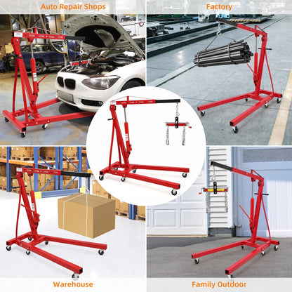 GARVEE 2 Ton Folding Hydraulic Engine Hoist with Lever,Folding Engine Shop Crane Hoist Lift,Heavy Cherry Picker with 6 Wheels for Garage,Workshop,Yellow