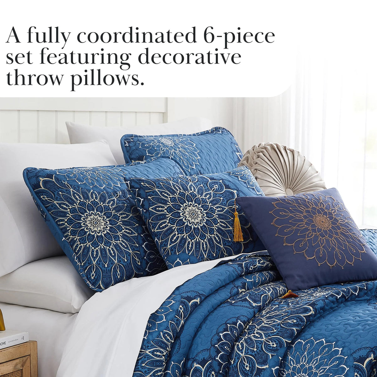 Southshore Fine LinensOversized 5-Piece Twin / Twin XL Quilt Bedding Set with two matching shams and three decorative throw pillows, oversized Paisley farmhouse bedspread Pure Melody Aqua