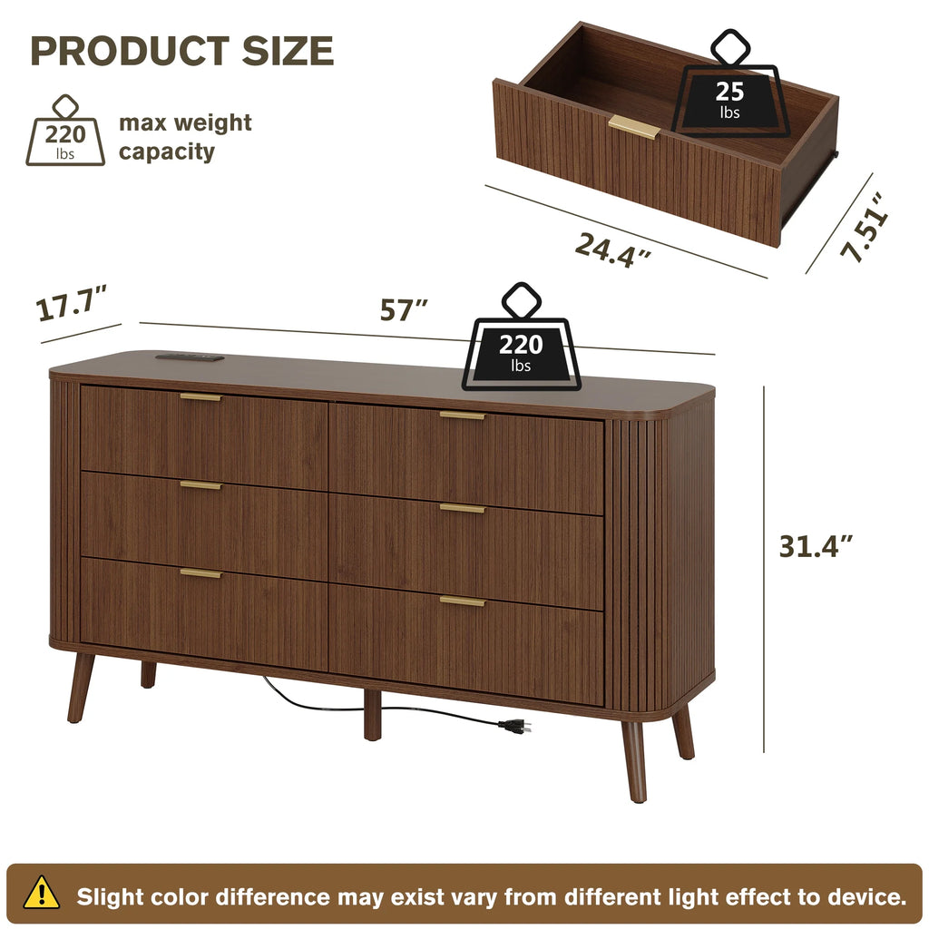 Mid-Century Modern Bedroom Dresser, 57" Wide Fluted 6 Drawer Dresser, Wood Dresser with Curved Profile Design for Closet, Bedroom Living Room, Hallway, Entryway, Home Office (Walnut, 6 Drawers)