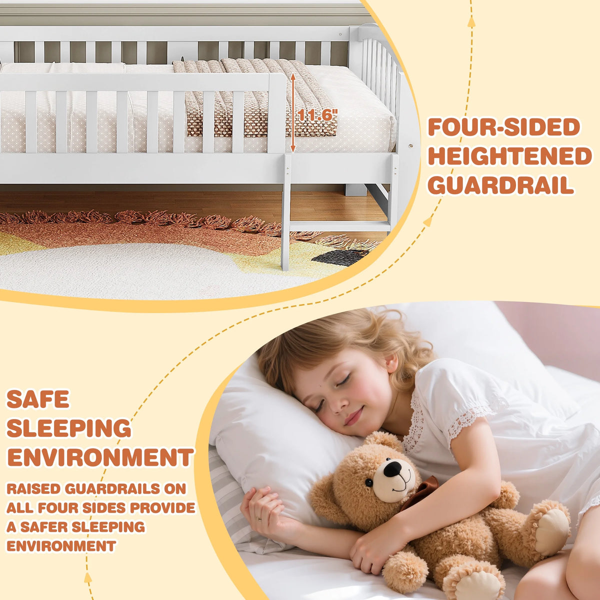 SESSLIFE Twin Size Platform Bed, Solid Wood Twin Bed Frame with Slats, Fence Guardrail Ladder, Twin Floor Bed with Strong Legs for Boys Girls, No Box Spring Needed, Holds 400 lbs, White