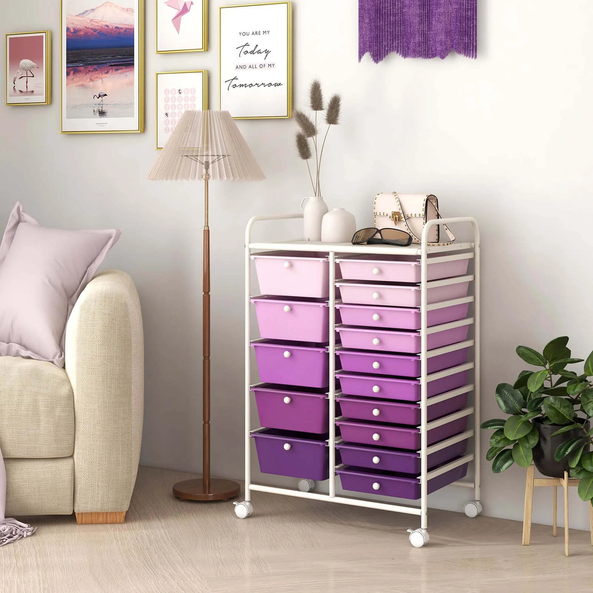 Costway 15 Drawer Rolling Storage Cart Tools Scrapbook Paper Office School Organizer White