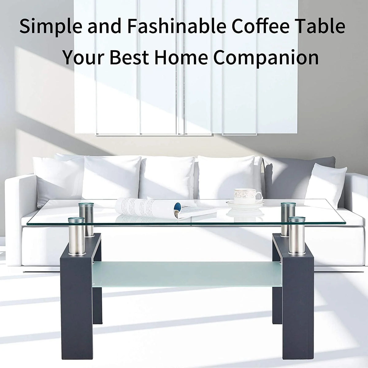 Glass Coffee Table with Lower Shelf, Clear Rectangle Glass Coffee Table, Modern Coffee Table with Metal Legs, Rectangle Center Table Sofa Table Home Furniture for Living Room, L5509