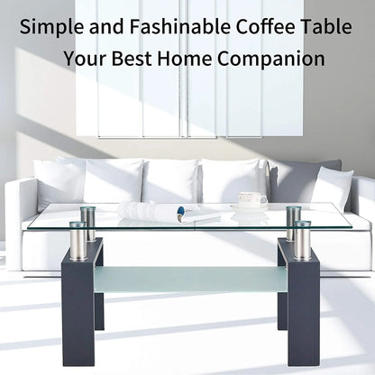 Glass Coffee Table with Lower Shelf, Clear Rectangle Glass Coffee Table, Modern Coffee Table with Metal Legs, Rectangle Center Table Sofa Table Home Furniture for Living Room, L5509