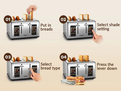 Mecity 4-Slice Touchscreen Toaster, Stainless Steel, 6 Browning Settings, Reheat, Cancel, Defrost, Removable Tray
