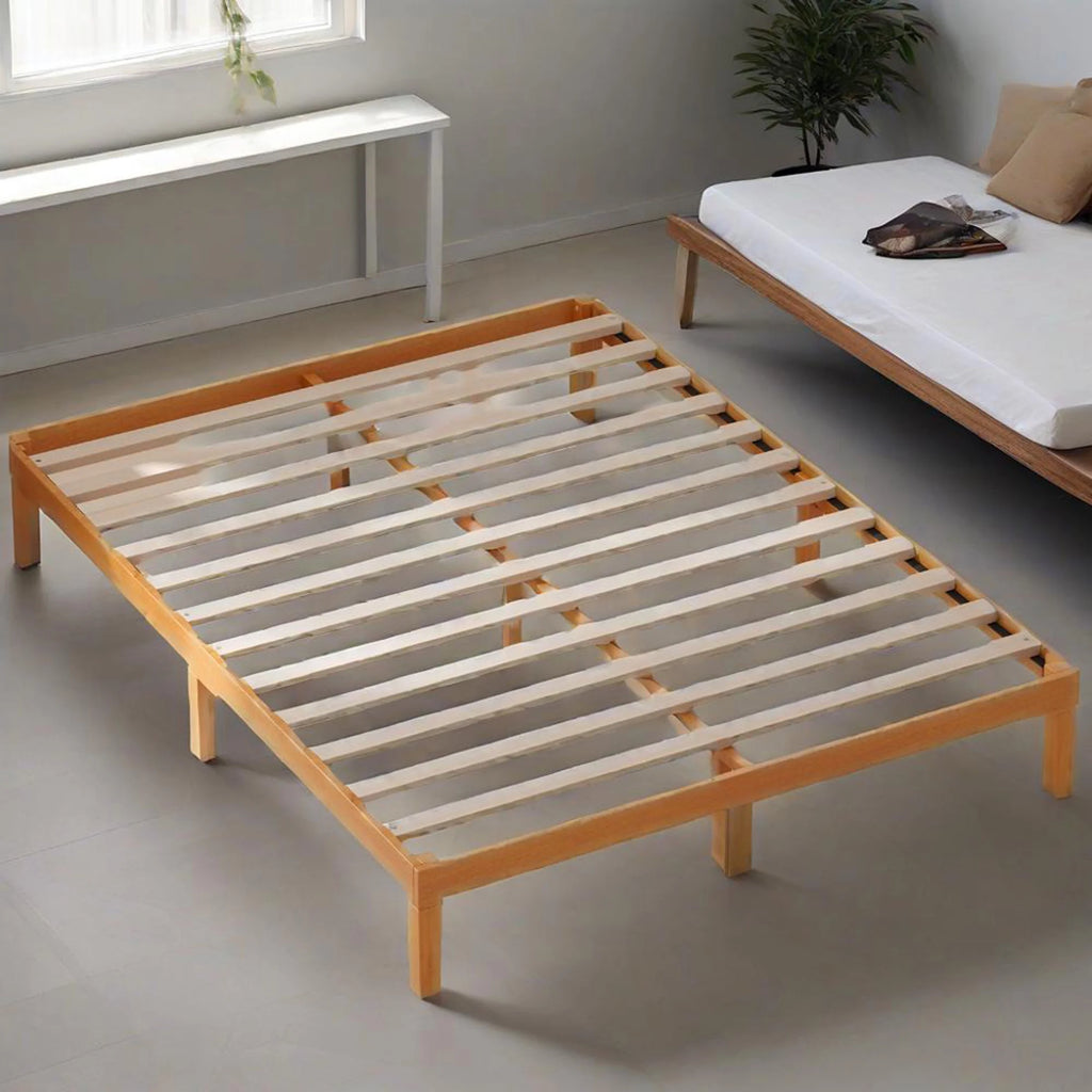 MCQ Full Size Wood Bed Frame, 12in Wooden Platform Bed Frame with Support Slats, No Spring Needed, Storage Space Under Base, Natural Pine
