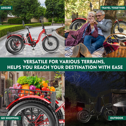 20" x 4" Fat Tire Electric Tricycle for Adult, 7 Speeds Electric Trike 48V 500W Motorized Tricycle , Electric Three Wheels Bicycle for Senior, Aluminum Frame & Rear Basket ,16mph