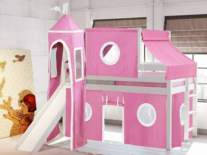 JACKPOT! Castle Low Loft Bed with Slide, Red Yellow and Blue Tent and Tower, Twin, Cherry