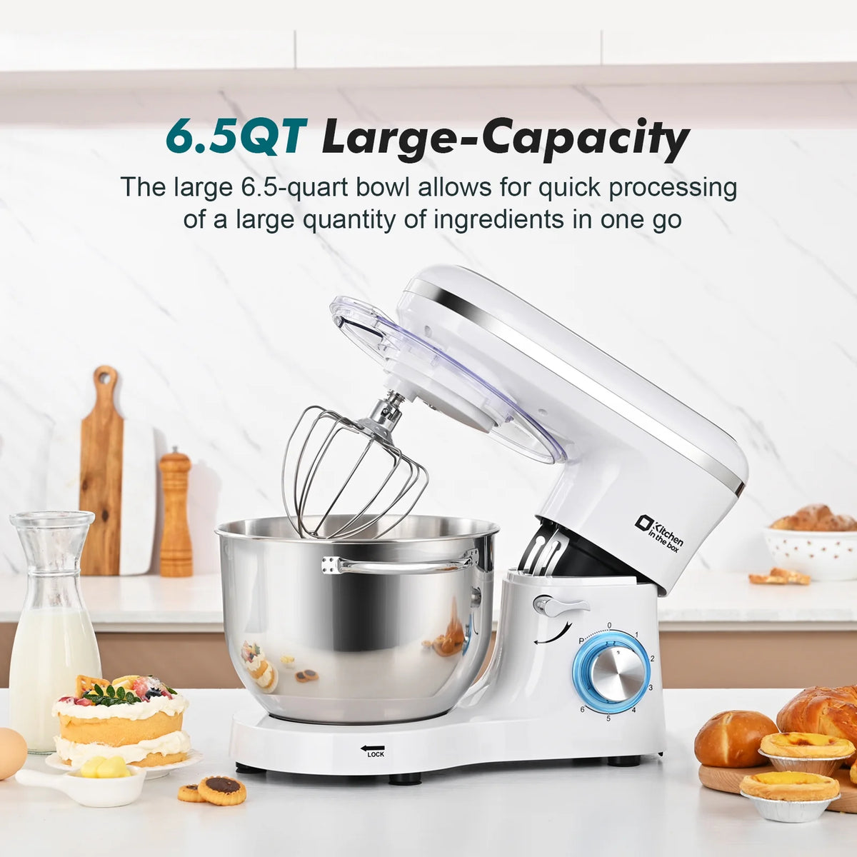 Kitchen in the box Tilt-Head Stand Mixer, Electric Kitchen Mixer with 6.5QT Stainless Steel Bowl, 660W Food Mixer with 6-Speed, Black