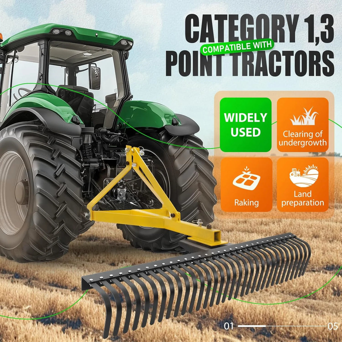 KOJEM 60In Landscape Rake 3 Point Rake 360 Degree Rotation Compatible with Category 1 Cat1 Compact Tractors Tow-Behind Garden Tool for Garden Farm Clearing Brush Raking Arenas 2 Package Yellow