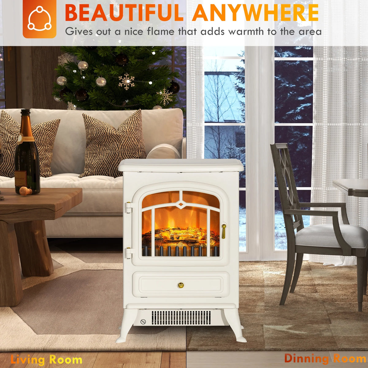 HOMCOM Electric Fireplace Heater with Realistic LED Flames Beige