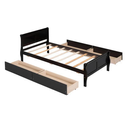 Full Size Wood Platform Bed with 4 Drawers,Storage Bed Frame with Streamlined Headboard and Footboard for Kids, Teens, Boys, Girls,Wooden Slats Support, No Box Spring Needed,Oak