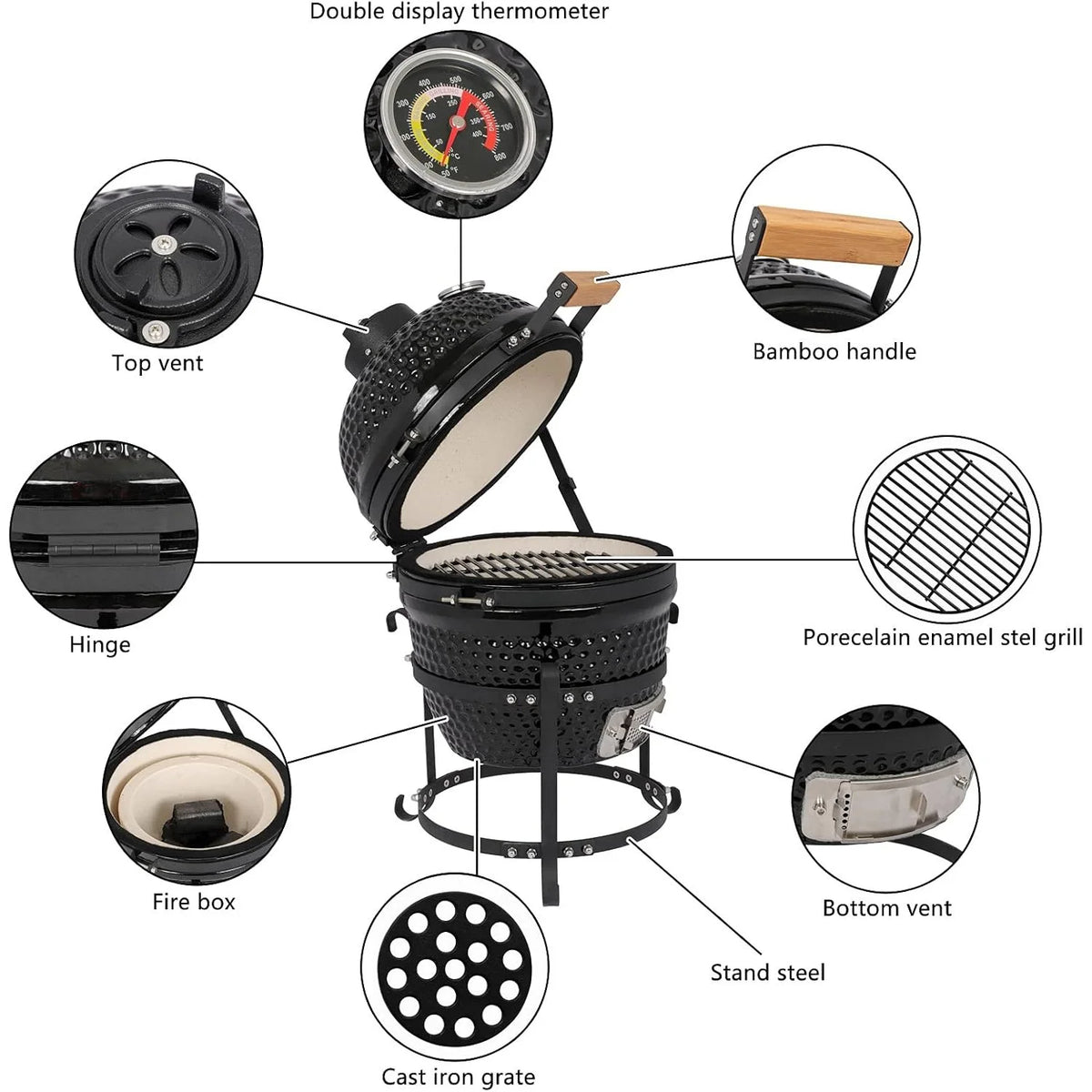 ZZJP Ceramic Grill, 13" Round Kamado Charcoal Grill, Portable Barbecue Grill with Thermometer for Variations on Cooking Methods(Black)