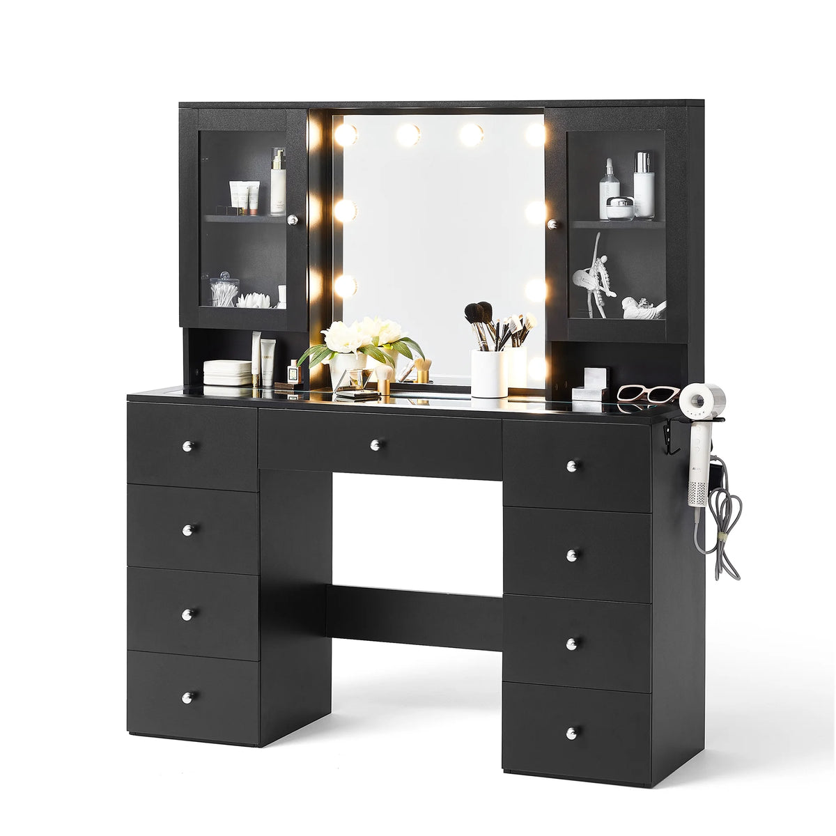Linsy Home Large 47.2" Makeup Vanity With Mirror And 11 Lights, Glass Top Vanity Desk with 9 Drawers & 2 Adjustable Cabinets, Dressing Table with Charging Station & Hair Dryer Rack For Bedroom, White