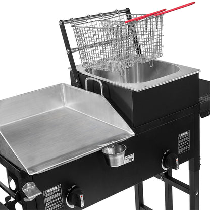 58,000 BTU Outdoor Gas Propane Double Burner Stove Cook Station Flat Top Griddle & Deep Fryer BBQ Grill Camp Side Table