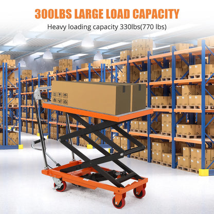Hydraulic Lift Table Cart - 770 lbs Capacity, Adjustable Up to 59" Lifting Height, Manual Double Scissor Lift Table with 4 Wheels & 3mm Non-Slip Pads for Safe Material Handling & Transport, Orange