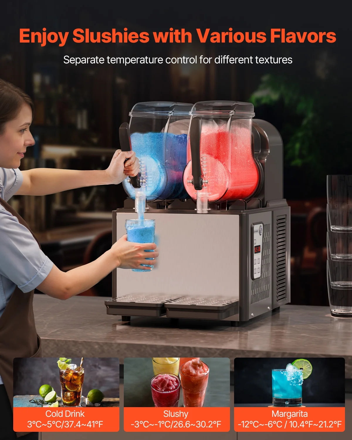 KFFKFF Commercial Slushy Machine, 4L*2 Tank Slushie Machine, Frozen Drink Machine with Temperature Preservation, Slushy Maker Machine