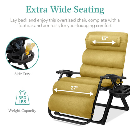 Best Choice Products Oversized Zero Gravity Chair, Folding Recliner w/ Removable Cushion, Side Tray - Fossil Gray