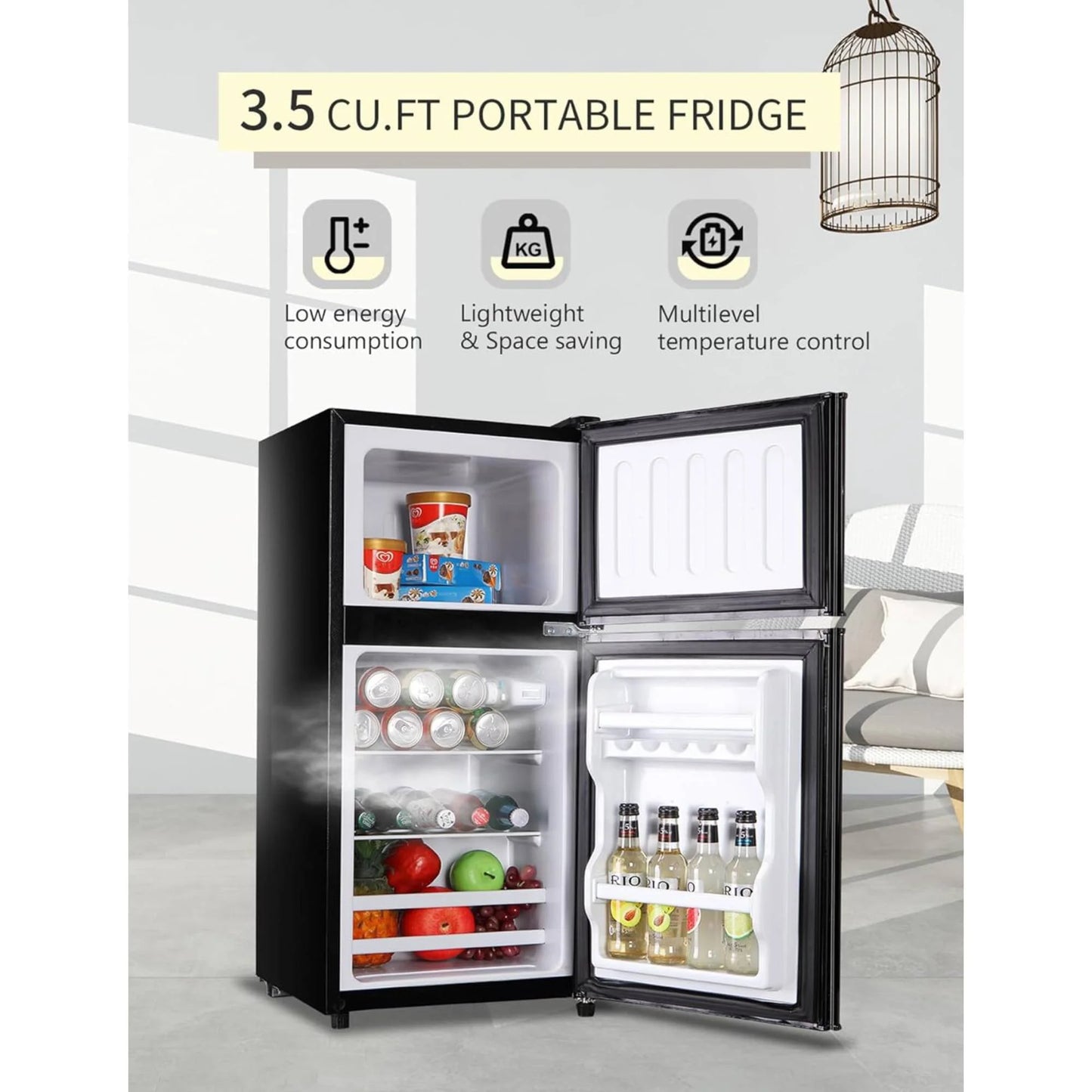 3.5 Cu.Ft Mini Fridge Freezer, 2 Door Small Refrigerator, 7 Level Adjustable Thermostat Freezer Fridge for Living Room, Kitchen and Apartment, Sivelr