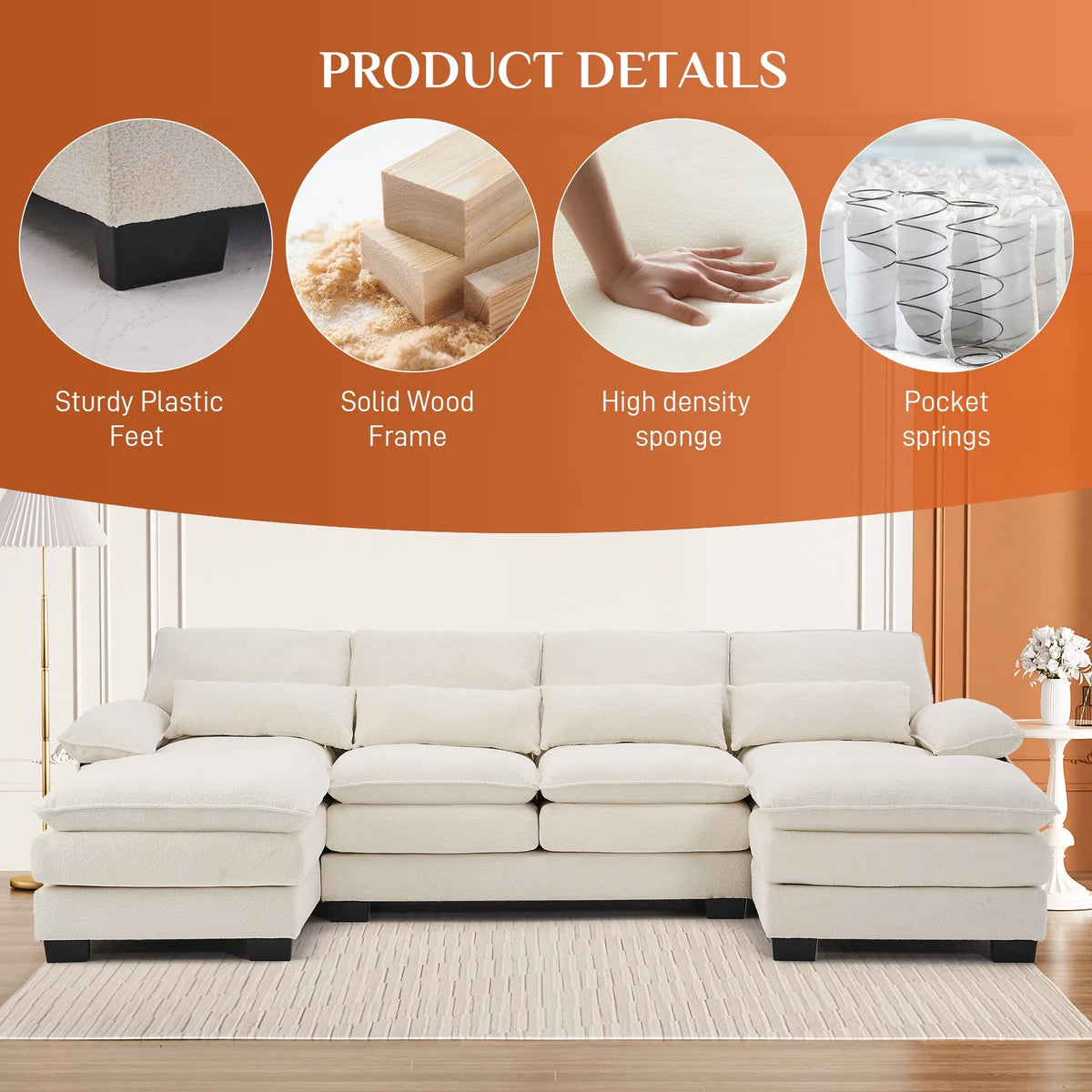 Rophefx 114.3" U Shaped Sectional Couches for Living Room,Cloud Couch,4 Seats Chenille Couch with Double Layer Cushion,Orange