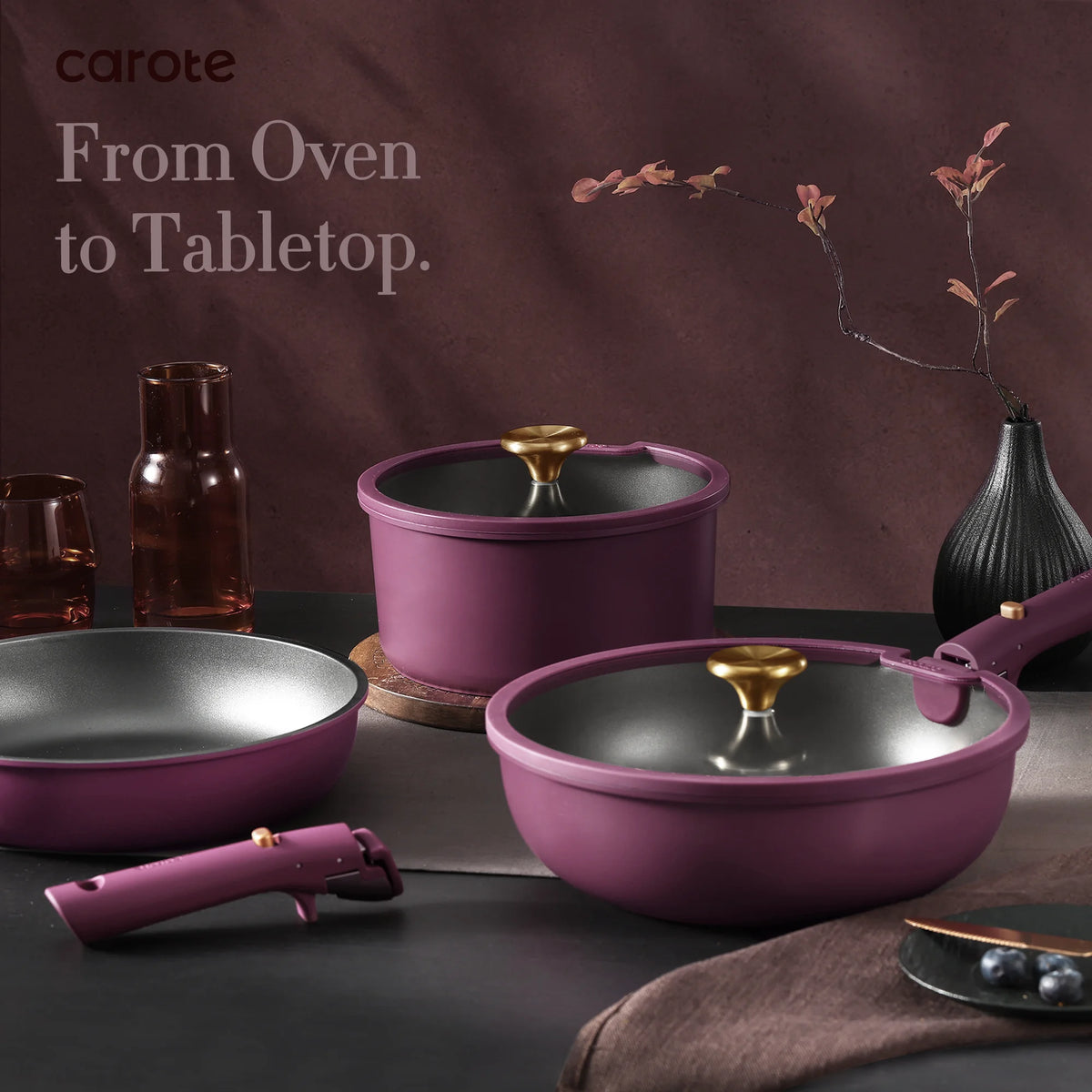 Carote 20 Pcs Nonstick Cookware Sets, Pots and Pans Set with Detachable Handles, Oven Safe, Induction Cookware, Stackable Kitchen Cooking Set, Ultra Violet