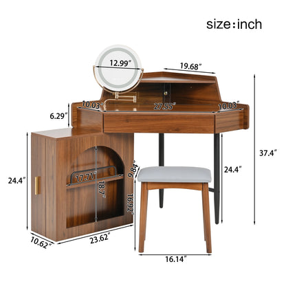 MODERNLUXE Corner Makeup Vanity Desk with Folding Mirror and Lights,Modern Vanity Set with 1 Stool,2 Drawers and 3 Shelves for Bedroom,Women, and Girls,Walnut