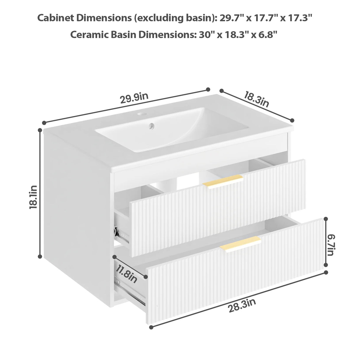Advwin 30" Wall Mounted Bathroom Vanity with Ceramic Sink, Modern Floating Bathroom Storage Cabinet with Sensor Light & 2 Extra Large Drawers, White