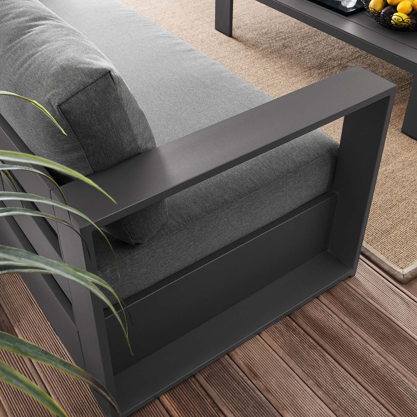 Lounge Sofa Table Set, Grey Gray, Aluminum, Metal, Fabric, Modern Contemporary, Outdoor Patio Balcony Cafe Bistro Garden Furniture Hotel Hospitality